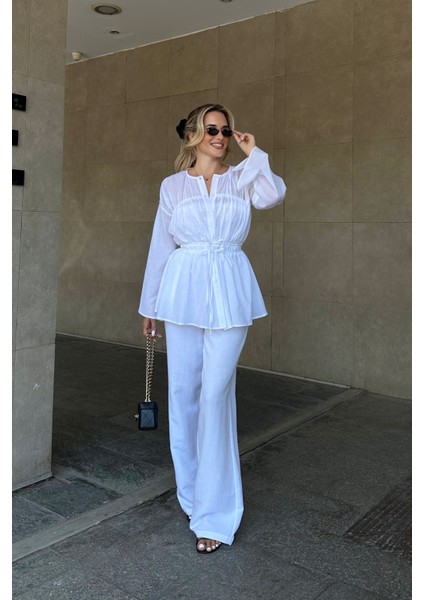 Beyaz Bel Detaylı Vual Keten Gömlek