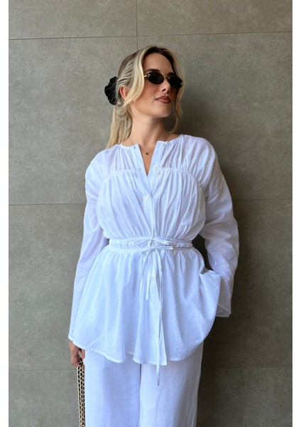 Beyaz Bel Detaylı Vual Keten Gömlek fiyatları