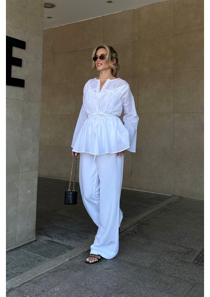 Beyaz Bel Detaylı Vual Keten Gömlek modelleri