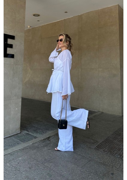 Beyaz Bel Detaylı Vual Keten Gömlek fırsatları