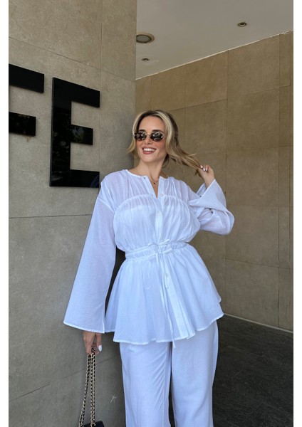 Beyaz Bel Detaylı Vual Keten Gömlek indirimleri