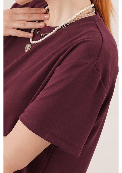 Yırtmaç Detaylı Kısa Kollu Salaş Maxi Bordo Elbise fiyatları