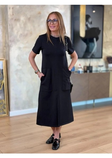 Kadın Kısa Kollu Bisiklet Yakalı Cepli Önden Yırtmaçlı Viskon Iki Iplik Midi Elbise