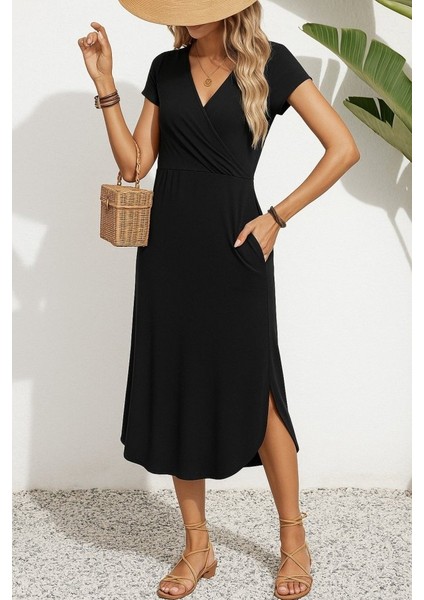 Kadın Kısa Kollu Hakim V Yaka Viskon Elbise