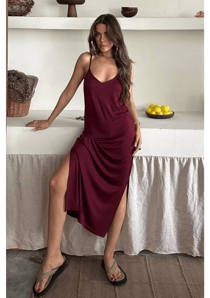 Kadın Siyah Asansör Askılı Çift Yırtmaçlı Helen Elbise