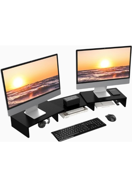 Çift Ahşap Monitör Standı, Ayarlanabilir & Döndürülebilir