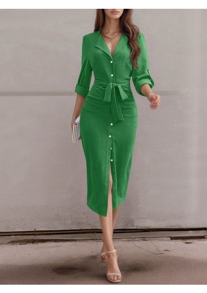 Kadın Uzun Kollu önden Düğmeli Beli Kuşaklı Aerobin Midi Elbise