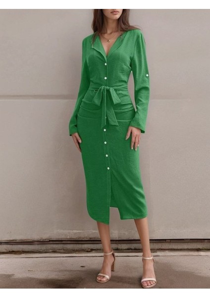 Kadın Uzun Kollu önden Düğmeli Beli Kuşaklı Aerobin Midi Elbise fiyatları