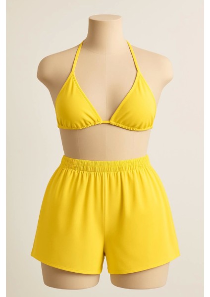Kadın Sarı Şortlu Belden ve Boyundan Bağlamalı Bikini Takımı