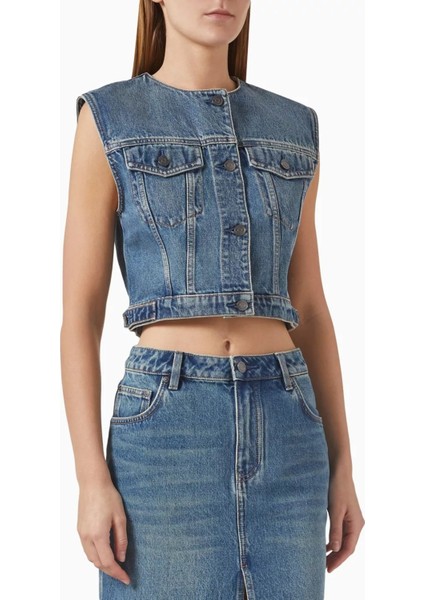 Cropped Denim Kadın Yelek, Ayarlanabilir Kemer ve Düğmeli Tasarım