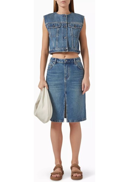 Cropped Denim Kadın Yelek, Ayarlanabilir Kemer ve Düğmeli Tasarım fiyatları