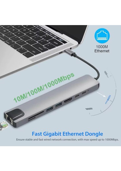 Macbook Pro Air USB Type-C Hub Dönüştürücü Çevirici Çoklayıcı USB HDMI Micro Sd 8 Girişli fırsatları