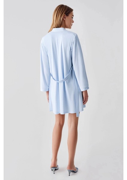 324 Mavi Sabahlıklı Şortlu 4'lü Kadın Pijama Takımı