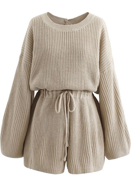 Büzgülü Düşük Kol Çelik Örme Tek Parça Triko Tulum