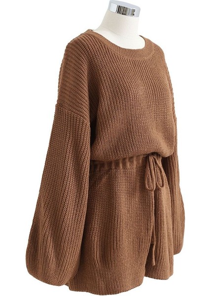 Büzgülü Düşük Kol Çelik Örme Tek Parça Triko Tulum