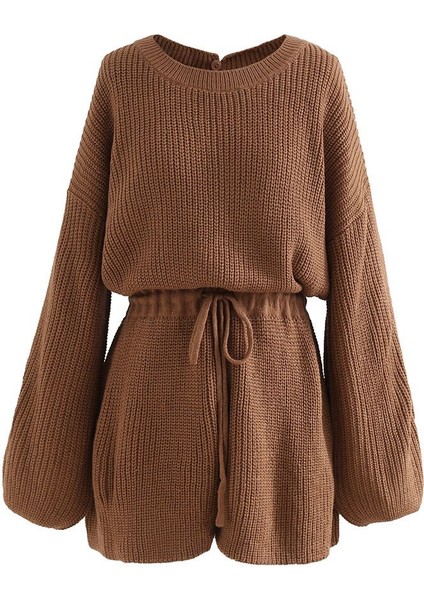 Büzgülü Düşük Kol Çelik Örme Tek Parça Triko Tulum