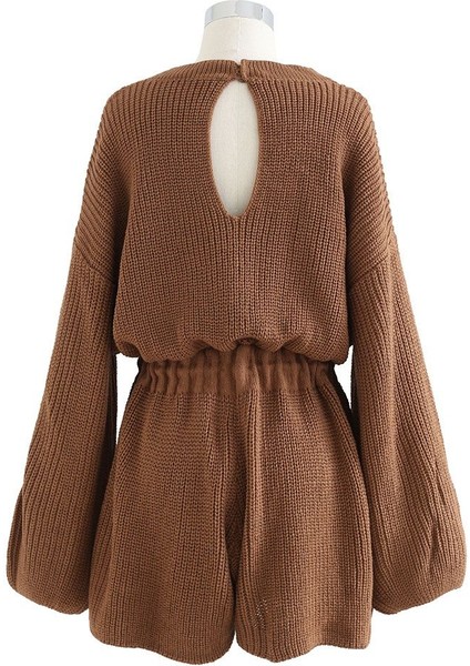 Büzgülü Düşük Kol Çelik Örme Tek Parça Triko Tulum