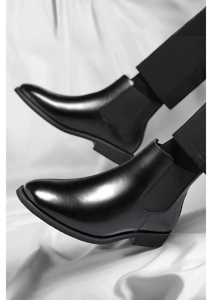 %100 Hakiki Deri Siyah Erkek Kışlık Boğazlı Bot Chealse Model