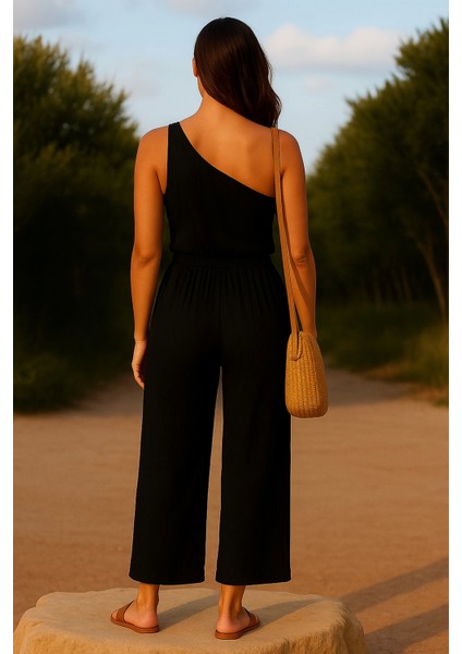 Kadın Siyah Tek Omuzlu Şık Bluz & Geniş Paça Pantolon Ikili Takım fırsatları