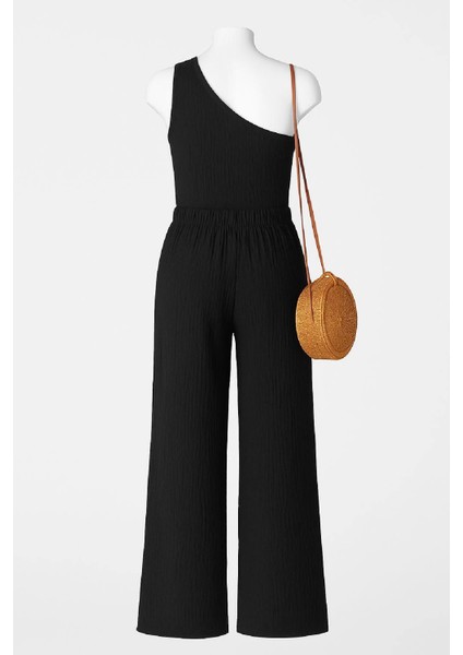 Kadın Siyah Tek Omuzlu Şık Bluz & Geniş Paça Pantolon Ikili Takım