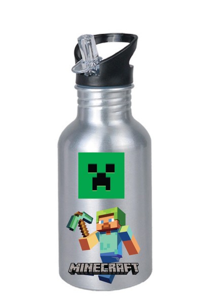Minecarfttt Baskılı Pipetli Gümüş Metal Suluk - 600ML