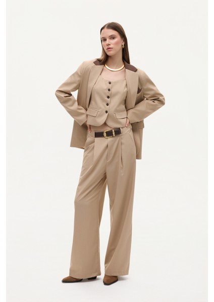 Kemerli Pileli Yüksek Bel Palazzo Pantolon Bej