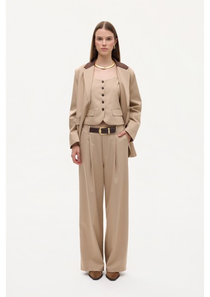 Kemerli Pileli Yüksek Bel Palazzo Pantolon Bej fiyatları