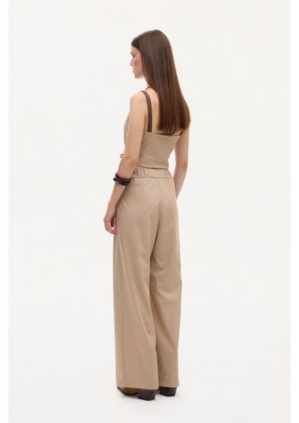 Kemerli Pileli Yüksek Bel Palazzo Pantolon Bej fırsatları