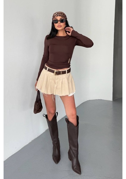 Kadın Bisiklet Yaka Uzun Kollu Aksesuar Detaylı Bluz Kahverengi - 26K 2545