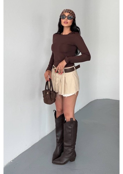 Kadın Bisiklet Yaka Uzun Kollu Aksesuar Detaylı Bluz Kahverengi - 26K 2545 fiyatları