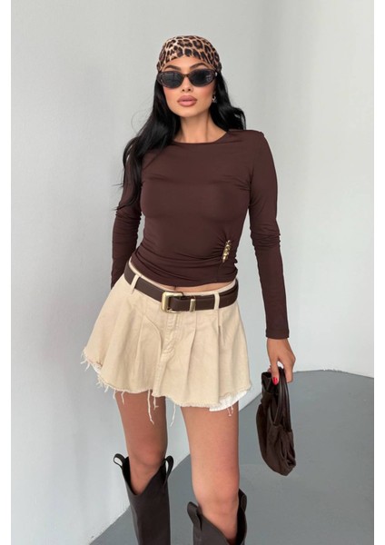 Kadın Bisiklet Yaka Uzun Kollu Aksesuar Detaylı Bluz Kahverengi - 26K 2545 modelleri