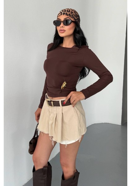 Kadın Bisiklet Yaka Uzun Kollu Aksesuar Detaylı Bluz Kahverengi - 26K 2545 fırsatları