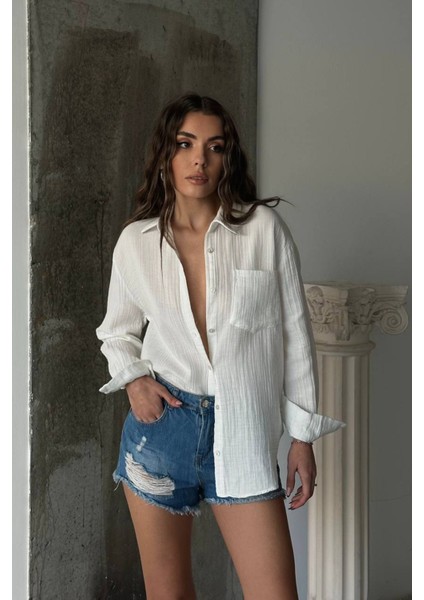 Kadın Uzun Kollu %100 Pamuklu Oversize Gömlek Beyaz - 26K 2012 fiyatları