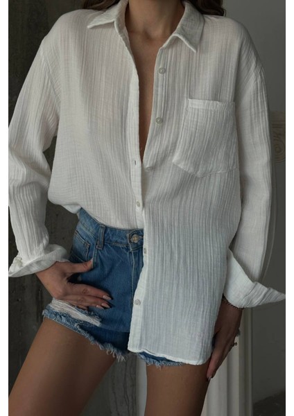 Kadın Uzun Kollu %100 Pamuklu Oversize Gömlek Beyaz - 26K 2012 modelleri
