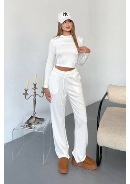 Kadın Bisiklet Yaka Uzun Kollu Basic Ikili Takım Beyaz - 26K 2541