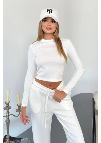 Kadın Bisiklet Yaka Uzun Kollu Basic Ikili Takım Beyaz - 26K 2541 fırsatları