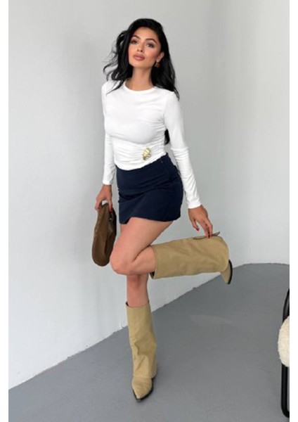 Kadın Bisiklet Yaka Uzun Kollu Aksesuar Detaylı Bluz Beyaz - 26K 2545