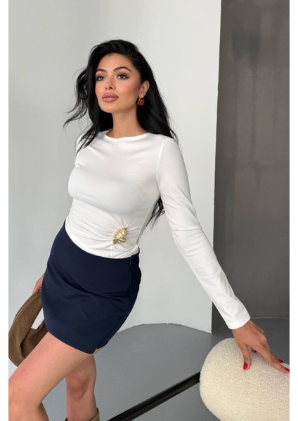 Kadın Bisiklet Yaka Uzun Kollu Aksesuar Detaylı Bluz Beyaz - 26K 2545 modelleri