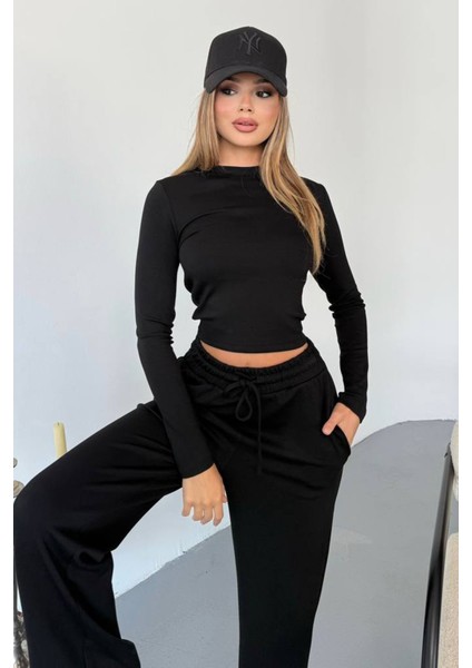 Kadın Bisiklet Yaka Uzun Kollu Basic Ikili Takım Siyah - 26K 2541 modelleri