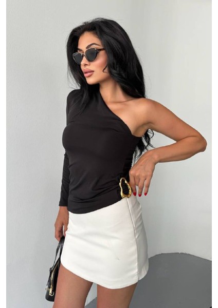 Kadın Asimetrik Yaka Tek Omuzlu Aksesuar Detaylı Bluz Siyah - 26K 2544 modelleri