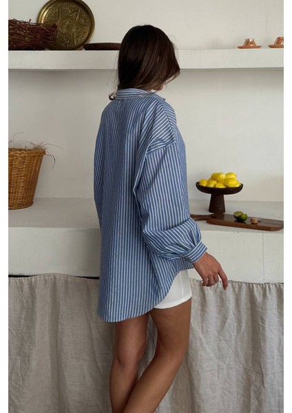 Kadın Uzun Kollu Pamuklu Oversize Çizgili Gömlek Lacivert - 26Y 2021 modelleri