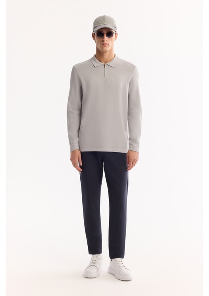 Erkek Gri Polo Yaka Fermuarlı Rayon Tüylenmeyen Basic Triko Regular Fit Kazak B005150