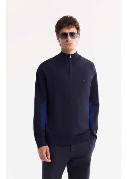 Erkek Lacivert Dik Yaka Fermuarlı Rayon Tüylenmeyen Triko Regular Fit Kazak A52Y5020