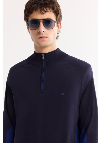 Erkek Lacivert Dik Yaka Fermuarlı Rayon Tüylenmeyen Triko Regular Fit Kazak A52Y5020 modelleri