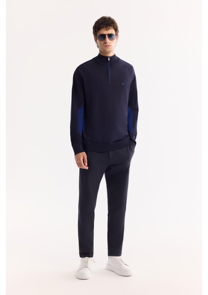 Erkek Lacivert Dik Yaka Fermuarlı Rayon Tüylenmeyen Triko Regular Fit Kazak A52Y5020