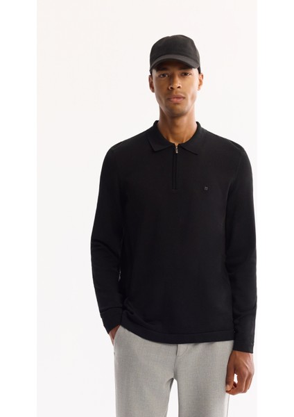 Erkek Siyah Polo Yaka Rayon Tüylenmeyen Basic Triko Regular Fit Kazak B005150