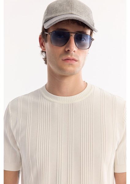 Erkek Ekru Bisiklet Yaka Rayon Tüylenmeyen Çizgili Triko Regular Fit T-Shirt A52Y5005 modelleri
