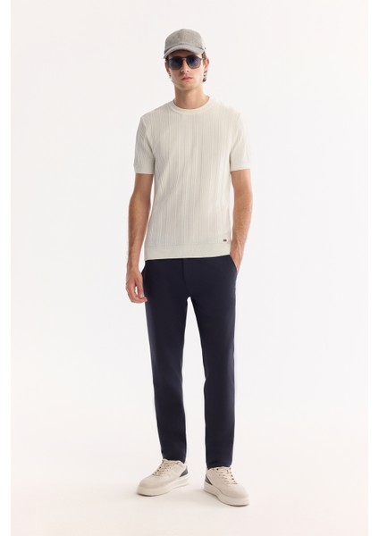 Erkek Ekru Bisiklet Yaka Rayon Tüylenmeyen Çizgili Triko Regular Fit T-Shirt A52Y5005