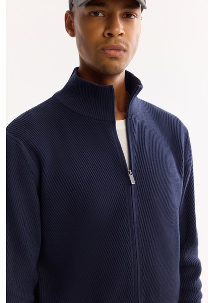 Erkek Lacivert Dik Yaka Fermuarlı Pamuklu Soft Touch Dokulu Regular Fit Hırka A52Y5181