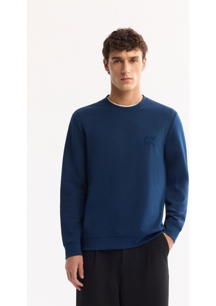Erkek Petrol Mavi Bisiklet Yaka Pamuklu Bi-Stretch Basic Regular Fit Sweatshirt A52Y1328